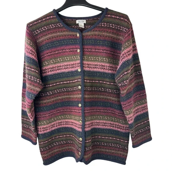 SKYR Vintage 100% Wool Cardigan Sweater Aztec Nordic Fair Isle Long Button Up XL - Picture 7 of 12
